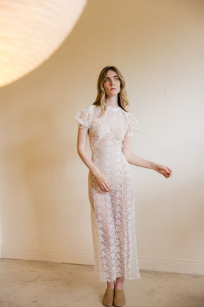 1930s ivory lace puff sleeve gown