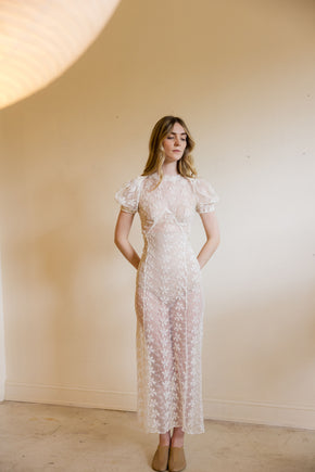 1930s ivory lace puff sleeve gown