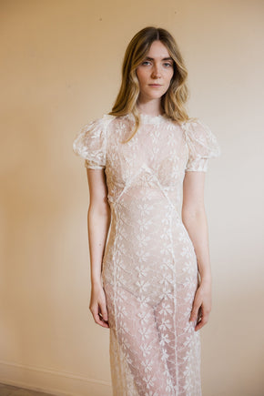 1930s ivory lace puff sleeve gown
