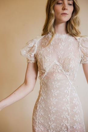 1930s ivory lace puff sleeve gown