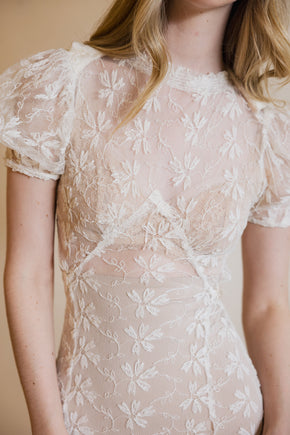 1930s ivory lace puff sleeve gown