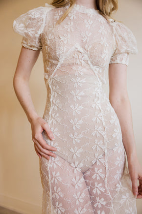 1930s ivory lace puff sleeve gown