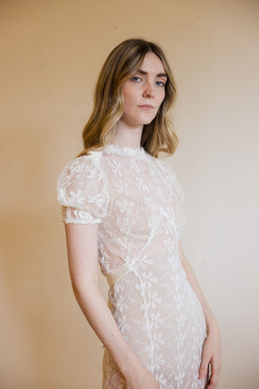 1930s ivory lace puff sleeve gown