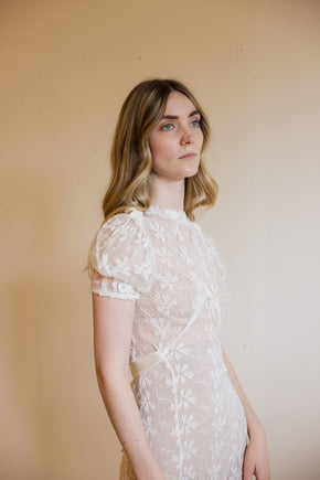 1930s ivory lace puff sleeve gown