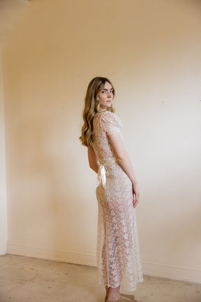 1930s ivory lace puff sleeve gown