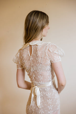 1930s ivory lace puff sleeve gown