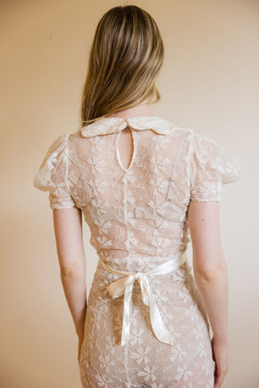 1930s ivory lace puff sleeve gown