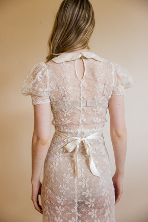 1930s ivory lace puff sleeve gown