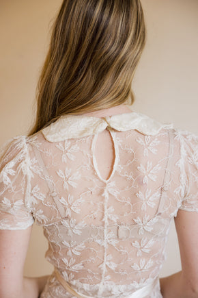 1930s ivory lace puff sleeve gown