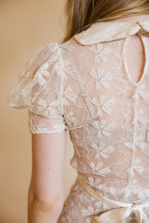 1930s ivory lace puff sleeve gown