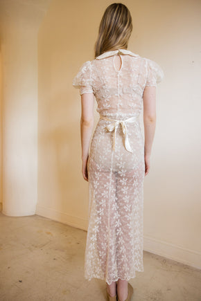 1930s ivory lace puff sleeve gown