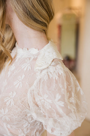 1930s ivory lace puff sleeve gown