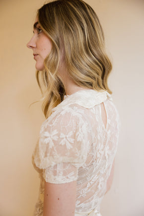 1930s ivory lace puff sleeve gown
