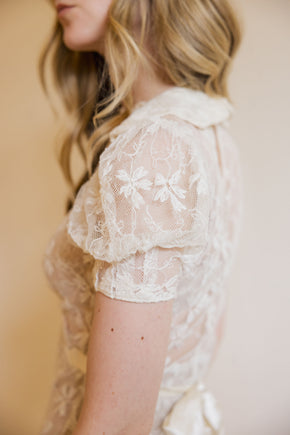 1930s ivory lace puff sleeve gown