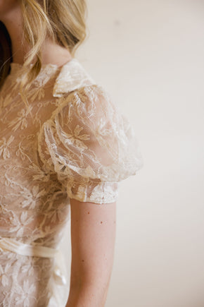 1930s ivory lace puff sleeve gown