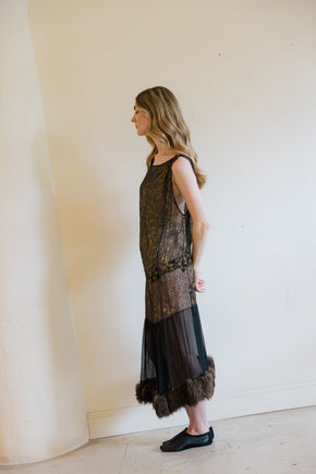 1920s silk chiffon lamé rabbit fur gown, Paris