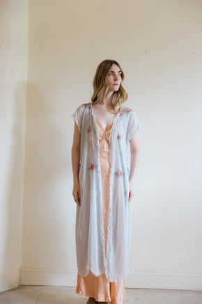 1920s blue gauze cotton embroidered lingerie robe