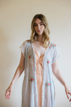 1920s blue gauze cotton embroidered lingerie robe