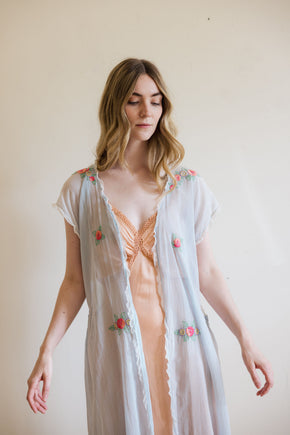1920s blue gauze cotton embroidered lingerie robe