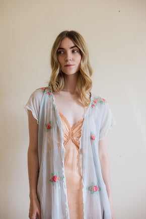 1920s blue gauze cotton embroidered lingerie robe