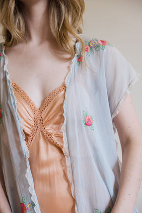 1920s blue gauze cotton embroidered lingerie robe