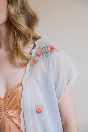 1920s blue gauze cotton embroidered lingerie robe