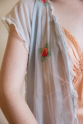 1920s blue gauze cotton embroidered lingerie robe