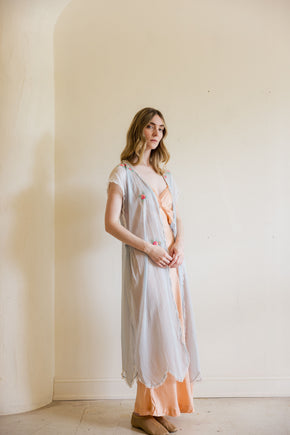 1920s blue gauze cotton embroidered lingerie robe