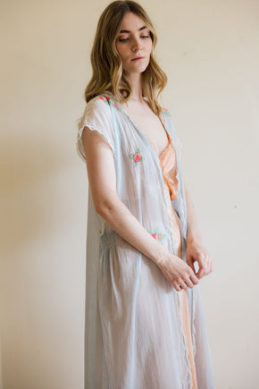 1920s blue gauze cotton embroidered lingerie robe