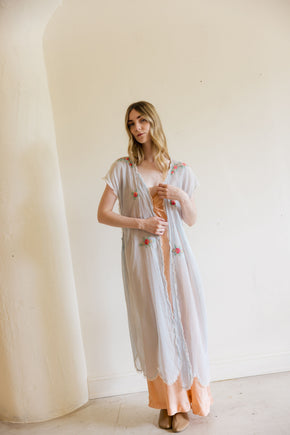 1920s blue gauze cotton embroidered lingerie robe