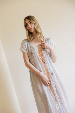 1920s blue gauze cotton embroidered lingerie robe