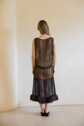 1920s silk chiffon lamé rabbit fur gown, Paris