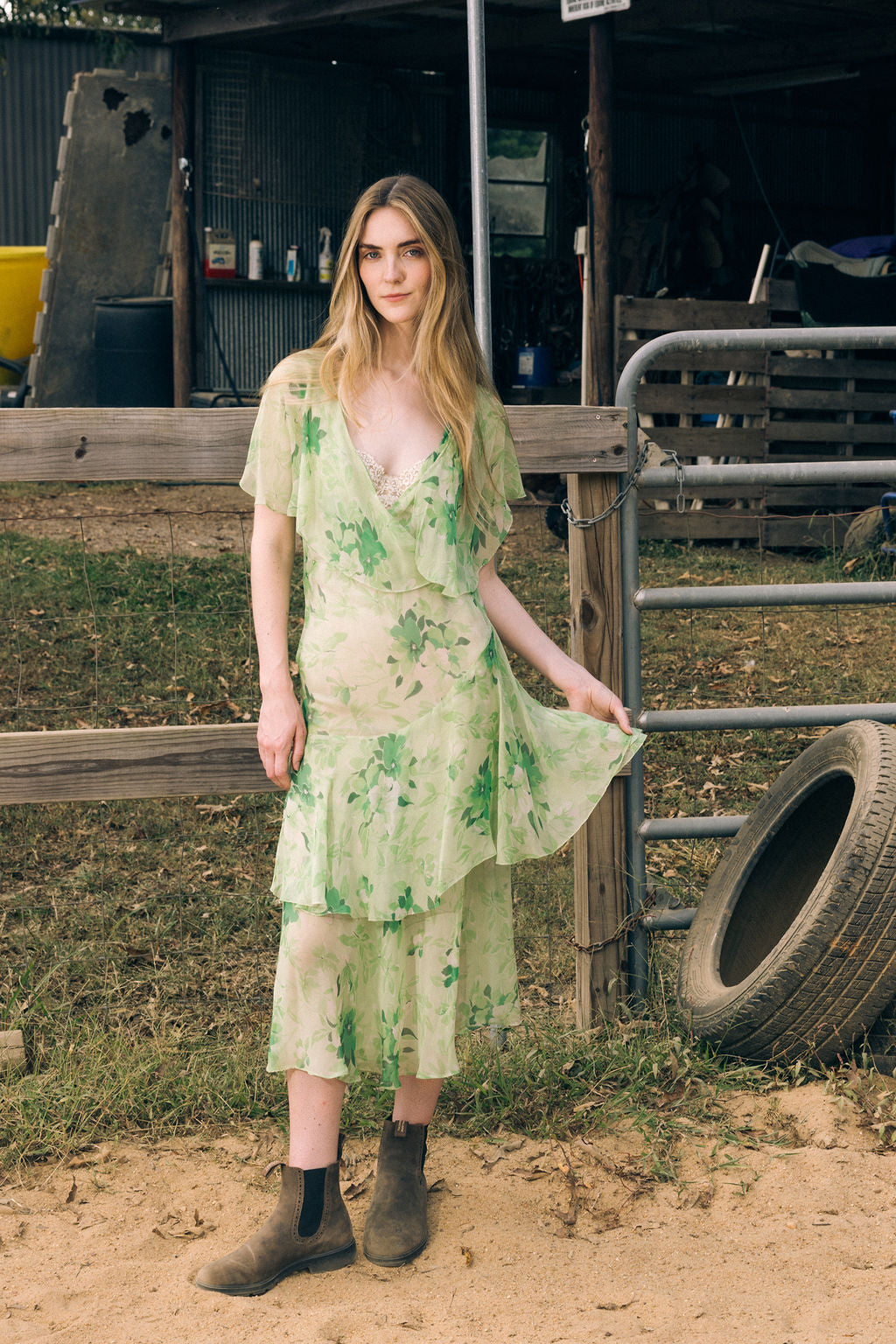 1920s green floral silk chiffon gown
