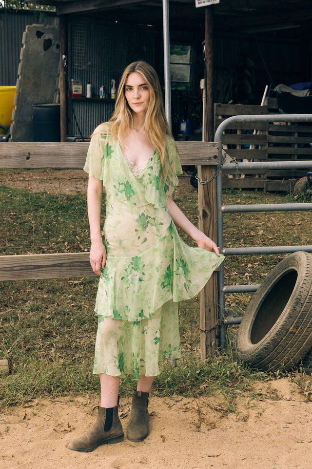 1920s green floral silk chiffon gown
