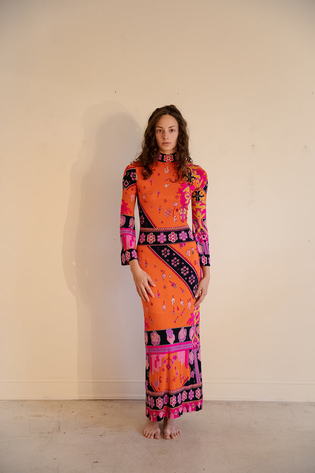 Early 1970s printed silk Jersey Leonard of Paris maxi dress