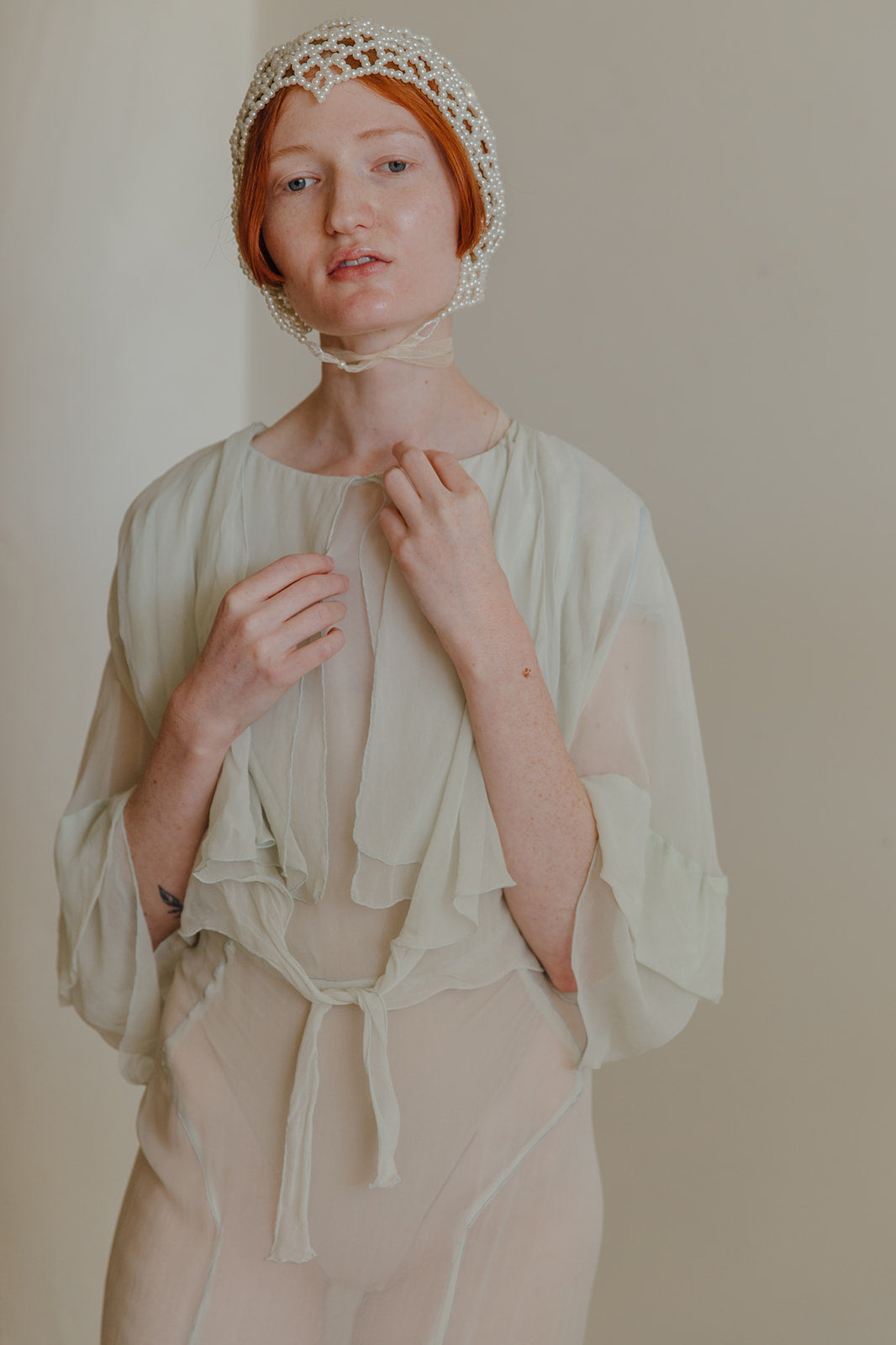 1930s Sea foam Crepe chiffon evening set