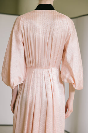 1930s printed silk satin balloon sleeve gown, France