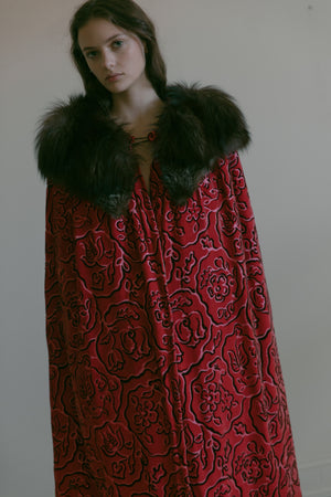 1920s panne silk velvet magenta cape with fox fur