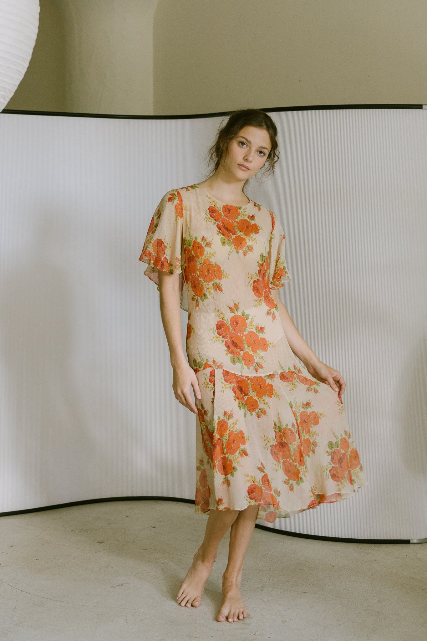 1920s silk chiffon floral capelet dress