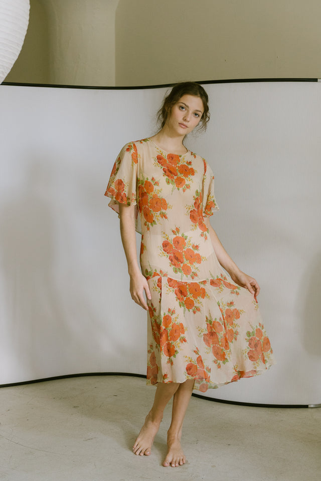1920s silk chiffon floral capelet dress