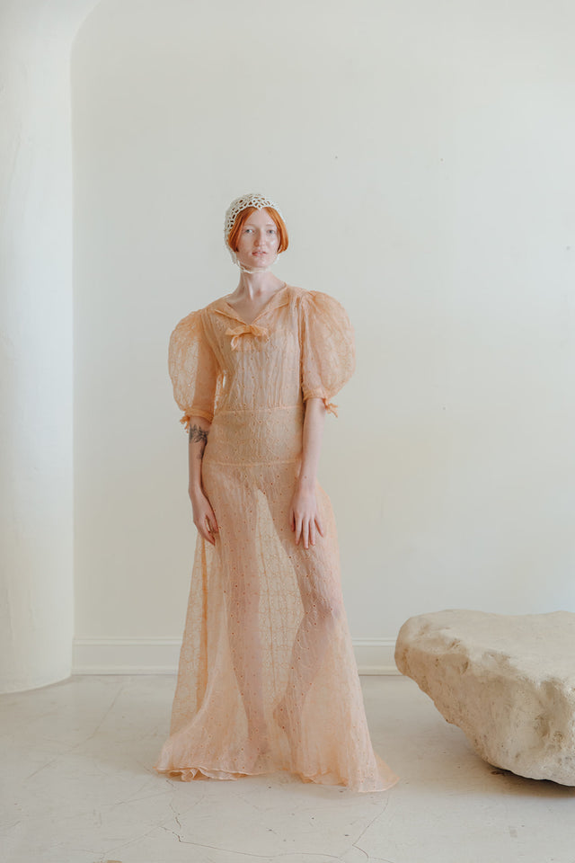 1930s eyelet organize evening gown