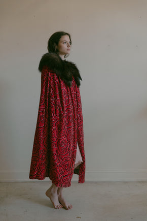 1920s panne silk velvet magenta cape with fox fur