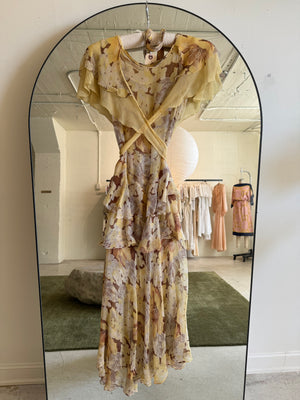 1930s yellow floral silk chiffon dress