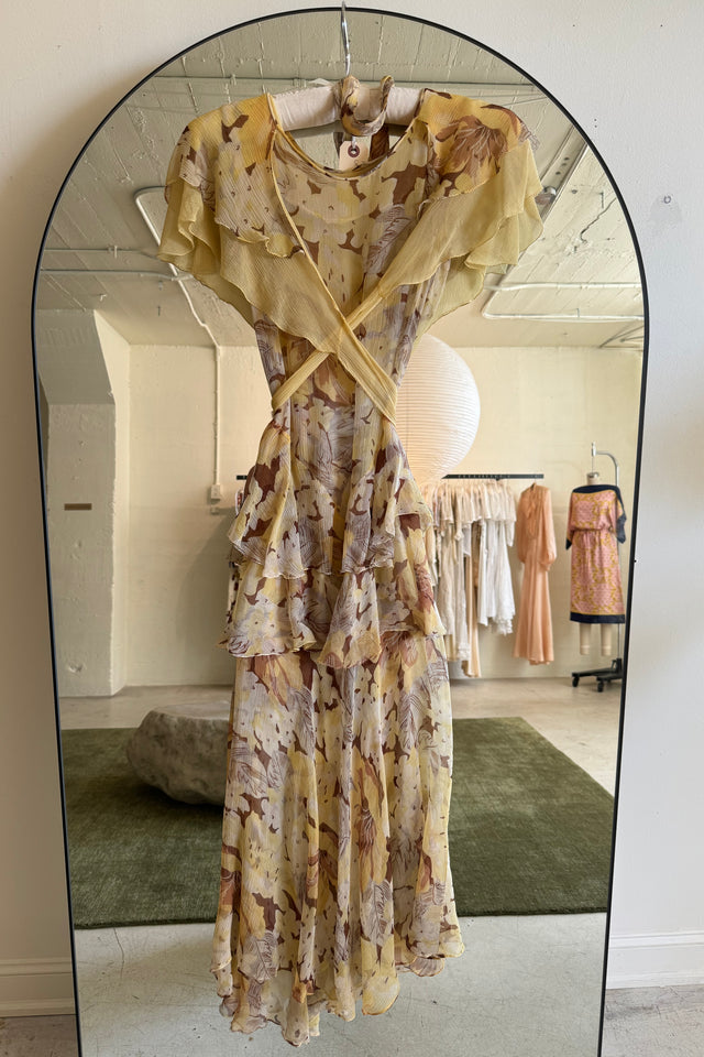 1930s yellow floral silk chiffon dress