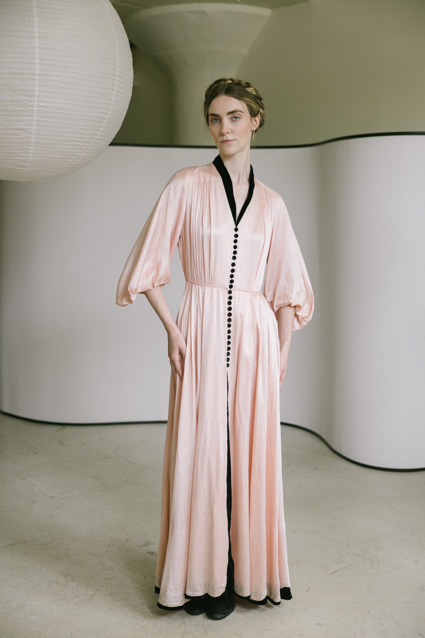 1930s printed silk satin balloon sleeve gown, France