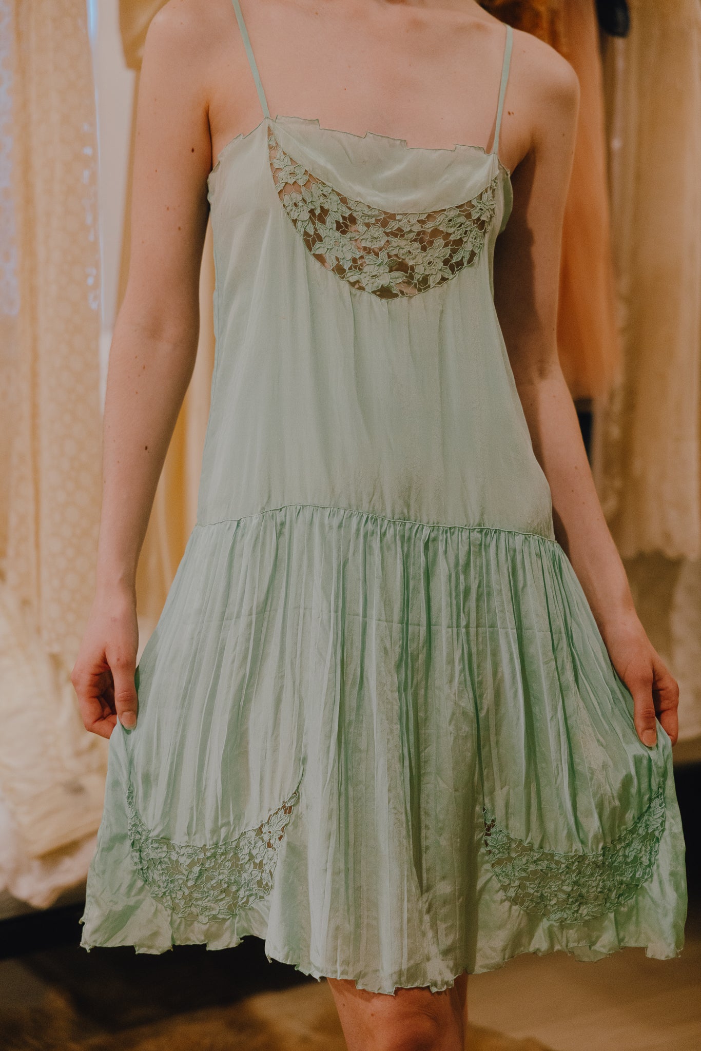 1930s sea foam silk cutwork slip