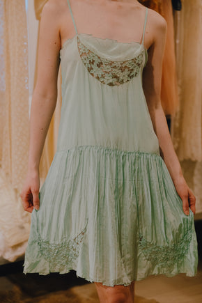 1930s sea foam silk cutwork slip