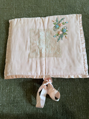 Antique 1930s silk lace cherub lingerie bag