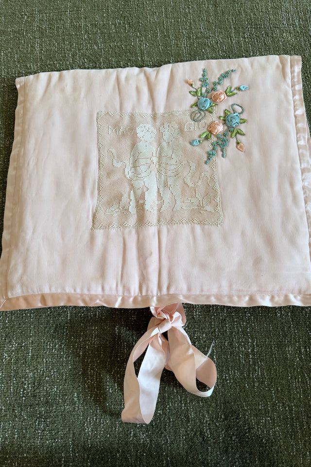 Antique 1930s silk lace cherub lingerie bag