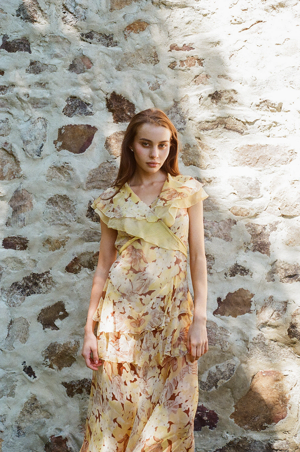 1930s yellow floral silk chiffon dress